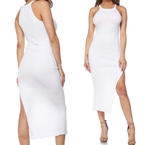 PRICE FIRM Off White side slit bodycon midi dress - Picture 3 of 4